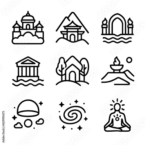 Deity Realms Icon Set. Outline icon set of deity realms: celestial palace, mountain temple, underworld gate, ocean shrine, forest