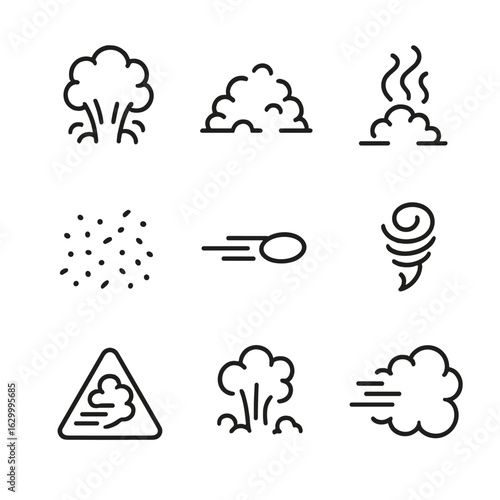 Dust Icons Collection. Outline icon set of dust effects: dust explosion, dust settling, dust rising, dust particles scattering,