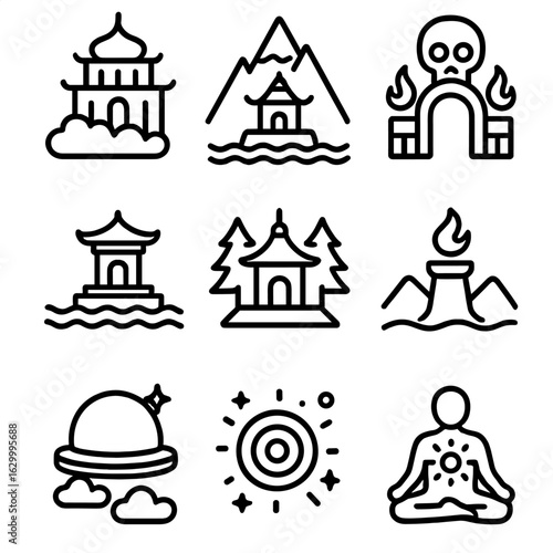 Deity Realms Icon Set. Outline icon set of deity realms: celestial palace, mountain temple, underworld gate, ocean shrine, forest