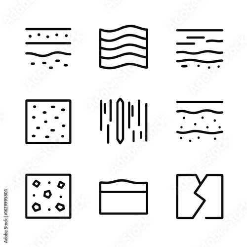 Geological Layers Icons. Outline icon set of geological strata layers: topsoil, sandstone, shale, limestone, basalt, granite,
