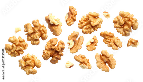 Floating Walnut Halves and Pieces isolated on white background 