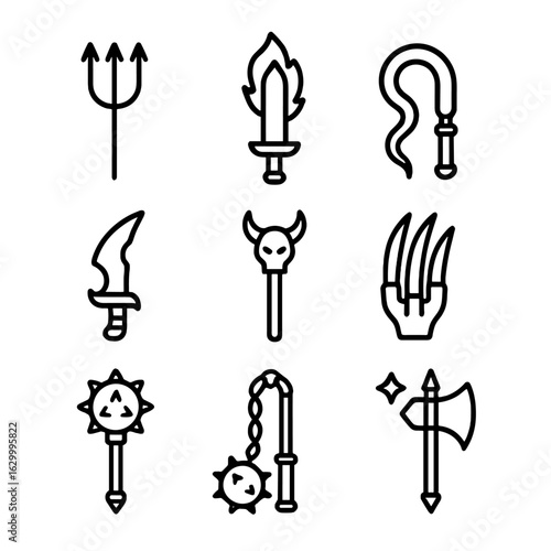 Demon Weapon Icons. Outline icon set of demon weapons: pitchfork, flaming sword, whip, cursed dagger, dark staff, claws, spiked