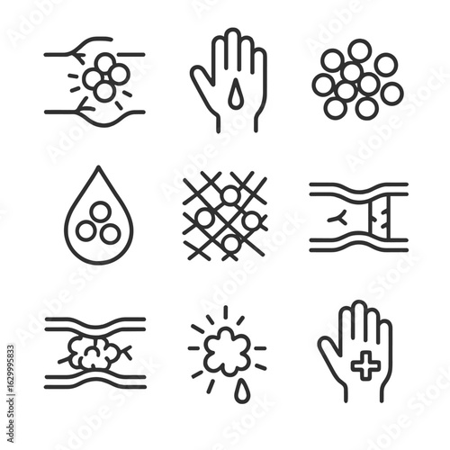 Platelet Function Icons. Outline icon set of platelet functions: clotting process, wound healing, platelet aggregation, blood