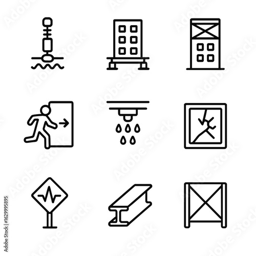 Earthquake Safety Icons. Outline icon set of earthquake building safety features: shock absorber, base isolation, reinforced