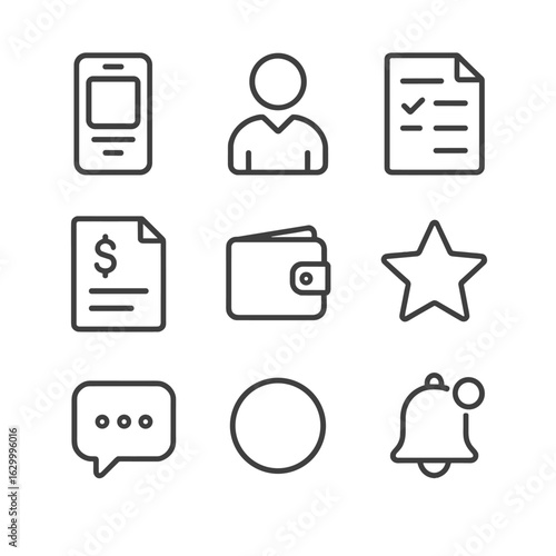 Gig Economy Icon Set. Outline icon set of gig economy platforms: mobile app smartphone, freelancer profile avatar, task listing