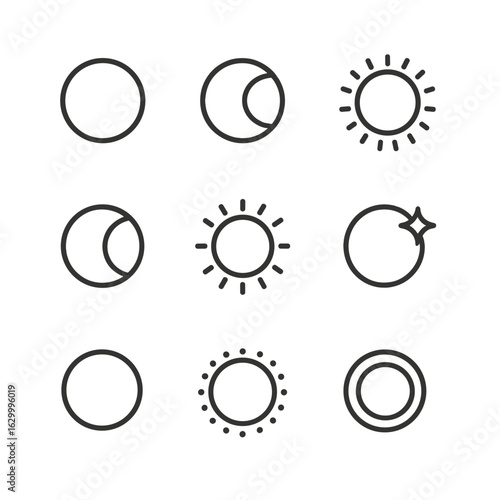 Eclipse Icon Set. Outline icon set of eclipse phases: new moon, partial eclipse, total eclipse, penumbral eclipse, lunar shadow,