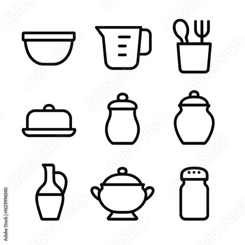 Porcelain Kitchen Icon Set. Outline icon set of porcelain kitchen essentials: mixing bowl, measuring cup, utensil holder, butter