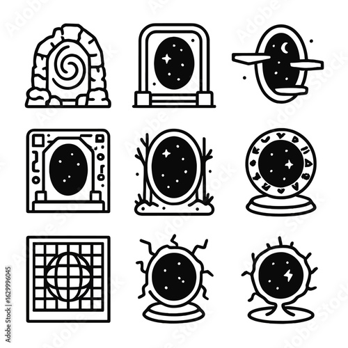Portal Icon Set. Outline icon set of portal surroundings: ancient stone arch, metallic frame, floating platforms, cosmic