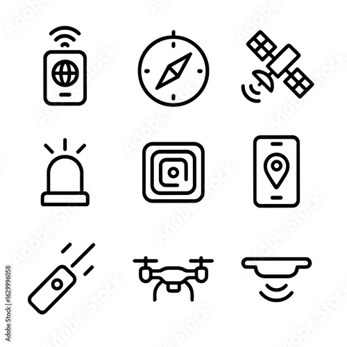 Positioning Devices Icons. Outline icon set of positioning devices: GPS receiver, compass, satellite, beacon, RFID tag, smartphone