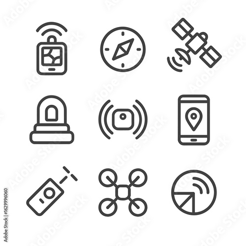 Positioning Devices Icons. Outline icon set of positioning devices: GPS receiver, compass, satellite, beacon, RFID tag, smartphone