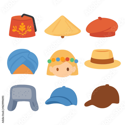 Global Headwear Icons. Flat vector mini-illustrations global headwear trends in colors children's illustrations: embroidered fez,