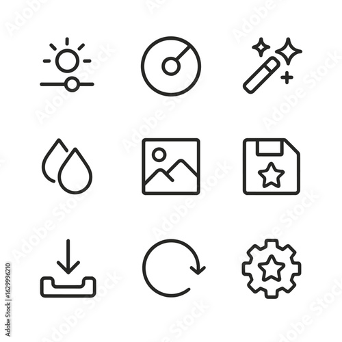 Preset Settings Icons. Outline icon set of preset settings: brightness slider, contrast dial, saturation icon, auto-adjust button,