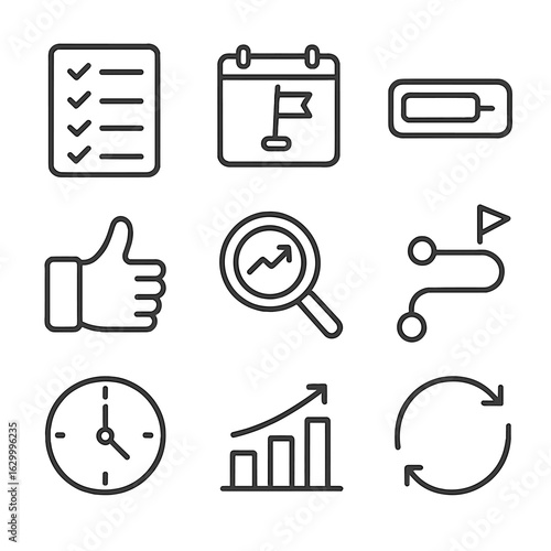 Goal Planning Icons. Outline icon set of goal planning and feedback: SMART goals checklist, calendar milestone flag, progress bar,
