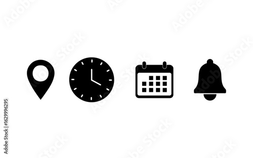 Essential Black Icons Location with Time, and Date  Alert on White.