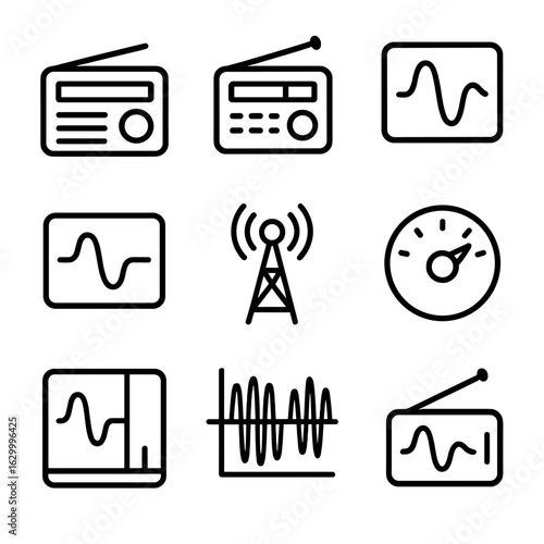 Analog Modulation Icons. Outline icon set of analog modulation: AM radio, FM radio, single sideband, continuous wave, analog