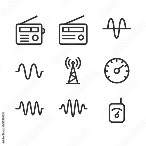 Analog Modulation Icons. Outline icon set of analog modulation: AM radio, FM radio, single sideband, continuous wave, analog