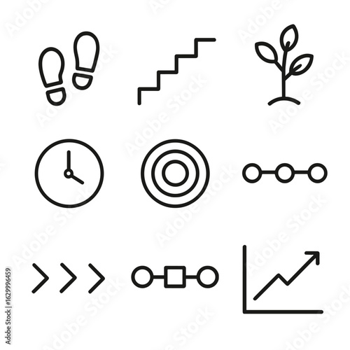 Progression Icon Set. Outline icon set of progression: footsteps, ascending stairs, growing tree, clock, expanding circles,