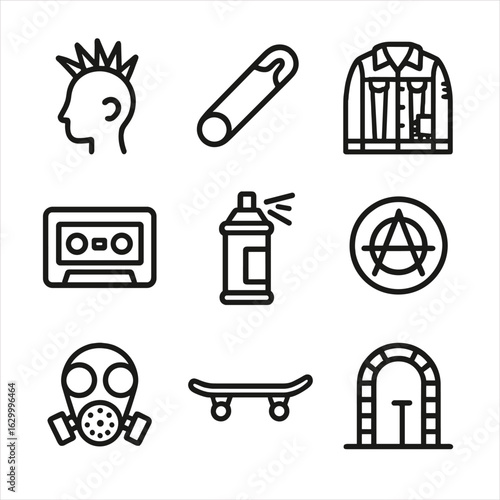 Anarchist Icon Set. Outline icon set of anarchist culture and lifestyle: punk hairstyle, safety pin, patched jacket, cassette tape