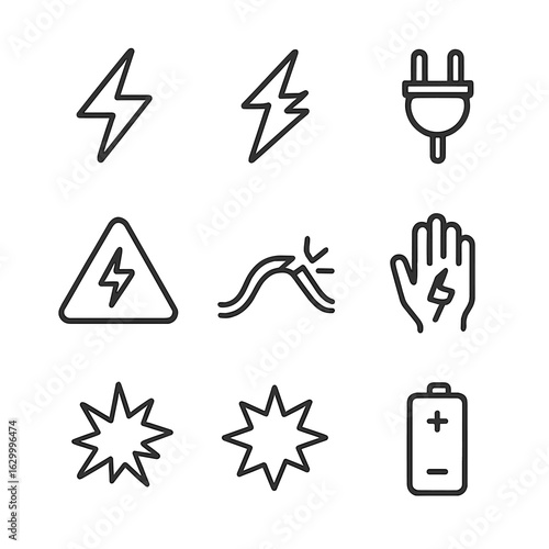 Electric Shock Icons. Outline icon set of electric shock: lightning bolt, electric spark, power plug, shock hazard sign, frayed