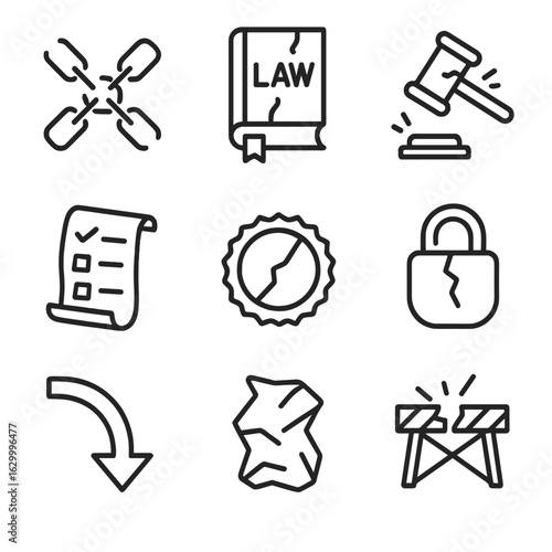Icons of Prohibition. Outline icon set of forbidden acts and breaches: crossed broken chain, torn law book, broken gavel,