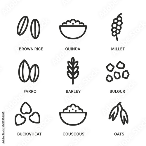 Grain Icons Set. Outline icon set of grain bases: brown rice, quinoa, millet, farro, barley, bulgur, buckwheat, couscous, oats.