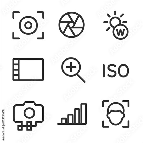 Digital Camera Icon Set. Outline icon set of digital capture features: autofocus, exposure, white balance, resolution, zoom, ISO