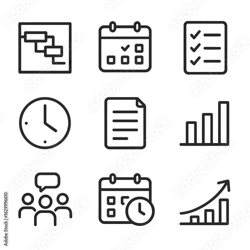 Project Management Icons. Outline icon set of project schedule: gantt chart, calendar, checklist, clock, document, bar chart, team