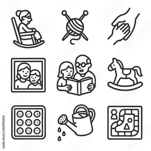 Grandparent-Grandchild Icons. Outline icon set of grandparents and grandchildren moments: rocking chair, knitting needles with