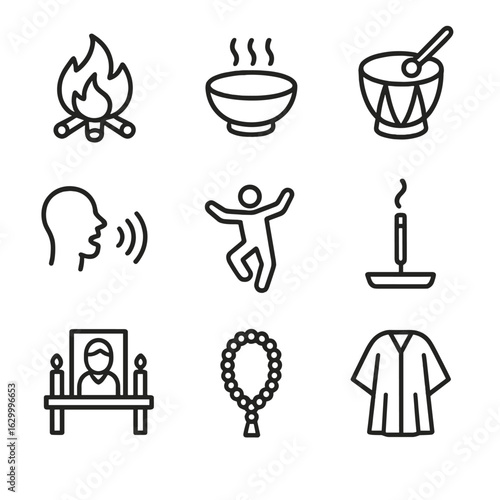 Ancestral Ritual Icons. Outline icon set of ancestral rituals: fire ceremony, offering bowl, drumming, chanting, dancing, incense,