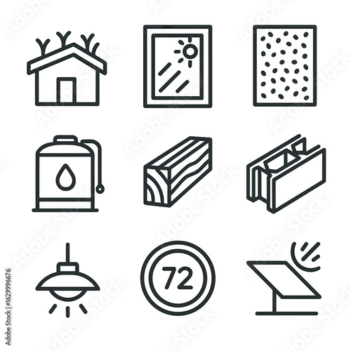 Green Architecture Icons. Outline icon set of green building and architecture: green roof outline, passive solar window, living