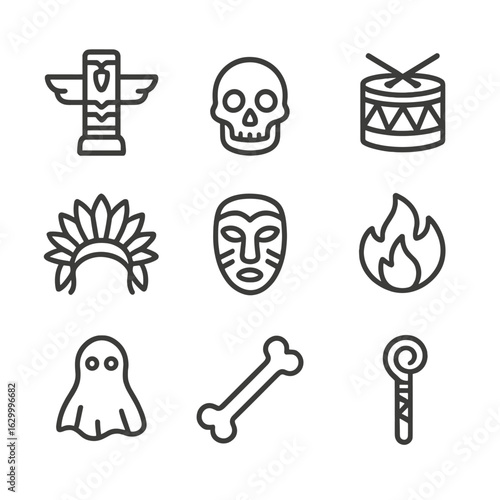 Ancestral Spirit Icons. Outline icon set of ancestral spirits: totem pole, skull, drum, feather headdress, mask, fire, spirit