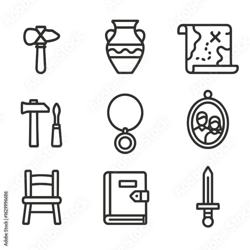 Ancestral Tools Icons. Outline icon set of ancestral tools: stone axe, ancient pottery, traditional tools, old map, handmade