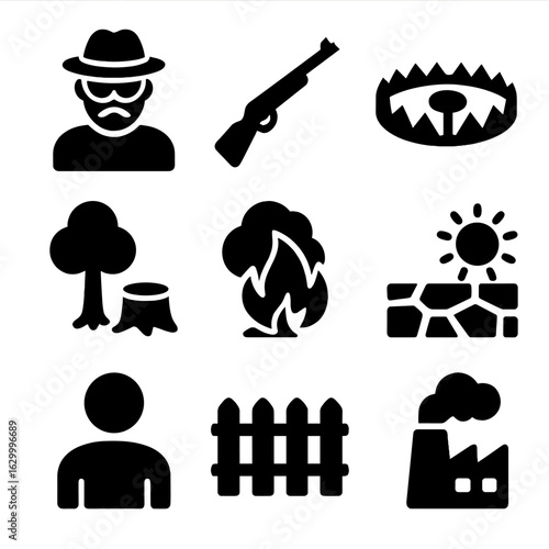 Elephant Threats Icons. Solid, filled icon set of elephant threats: poacher, rifle, trap, deforestation, fire, drought, human,