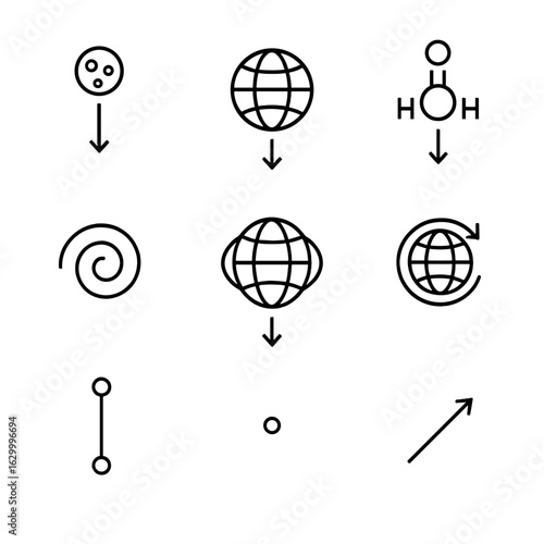 Gravitational Interaction Icons. Outline icon set of gravitational interactions: moon gravity pull, earth gravity pull, water