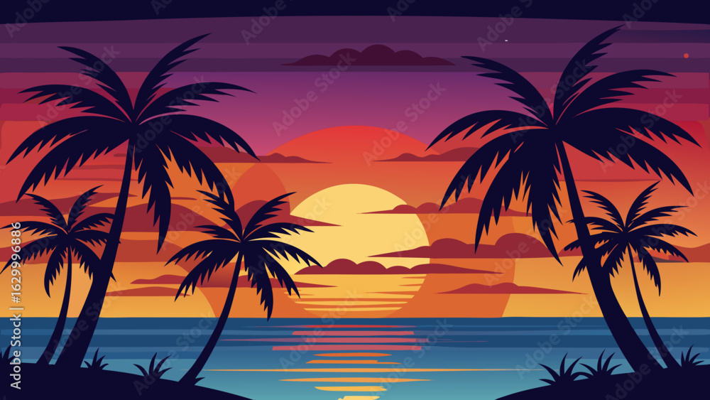 Fototapeta premium Vector art of vibrant sunset over the ocean with silhouetted palm trees and colorful clouds reflecting in the calm water, creating a tropical paradise