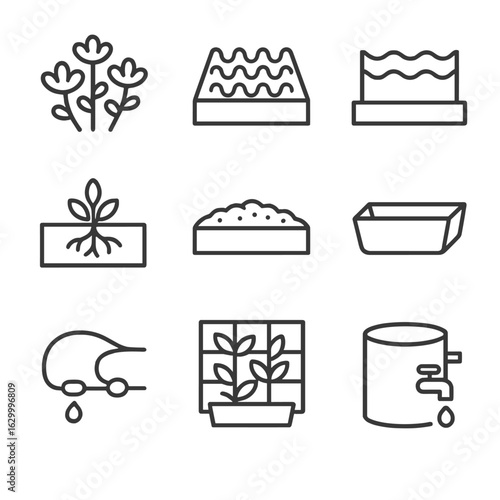 Green Roof Icons. Outline icon set of green roof and living wall systems: sedum vegetation, drainage mat, waterproof membrane,