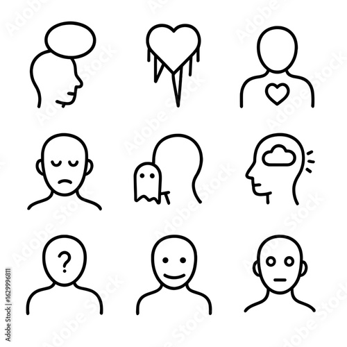 Psychological Numbness Icons. Outline icon set of psychological numbness: blank mind, frozen emotions, empty heart, silent tears,