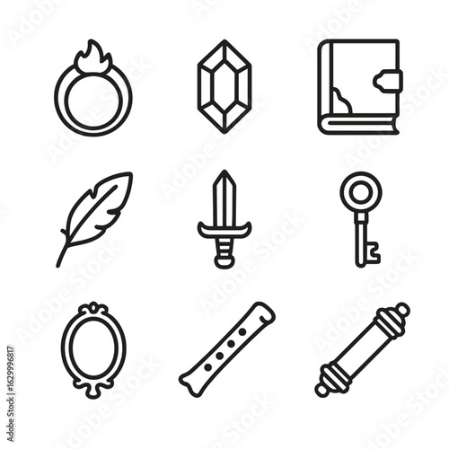 Ancient Artifacts Icons. Outline icon set of ancient artifacts: cursed ring, enchanted gem, weathered book, phoenix feather,