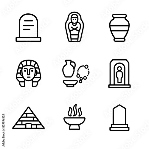 Ancient Burial Icons. Outline icon set of ancient burial customs: tombstone, sarcophagus, burial urn, funerary mask, grave goods,