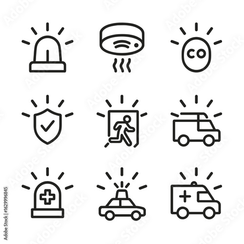 Emergency Blink Icons. Outline icon set of blinking alarm signals: siren light blink, smoke alarm blink, carbon monoxide alarm