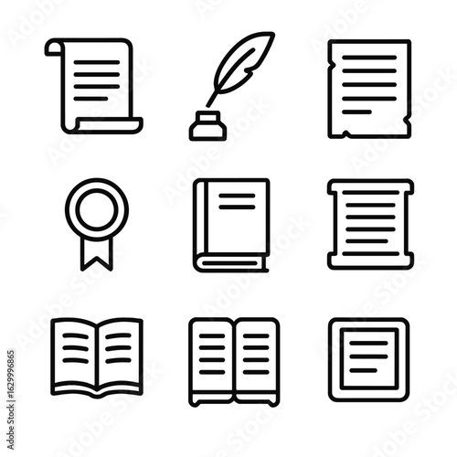 Ancient Manuscript Icons. Outline icon set of ancient manuscripts: scroll, feather quill, ink bottle, parchment, wax seal, book,
