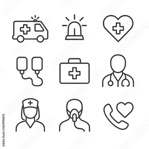 Emergency Heart Care Icons. Outline icon set of emergency heart care: ambulance, emergency light, heart with cross, defibrillator