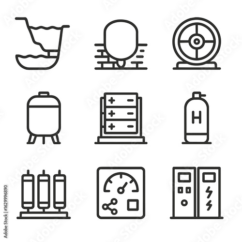 Grid-Scale Storage Icons. Outline icon set of grid-scale storage solutions: pumped hydro reservoir, compressed air cavern,