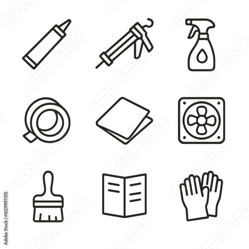 Grout Sealing Icon Set. Outline icon set of grout sealing and protection: sealant tube, caulking gun, spray bottle, painter’s tape