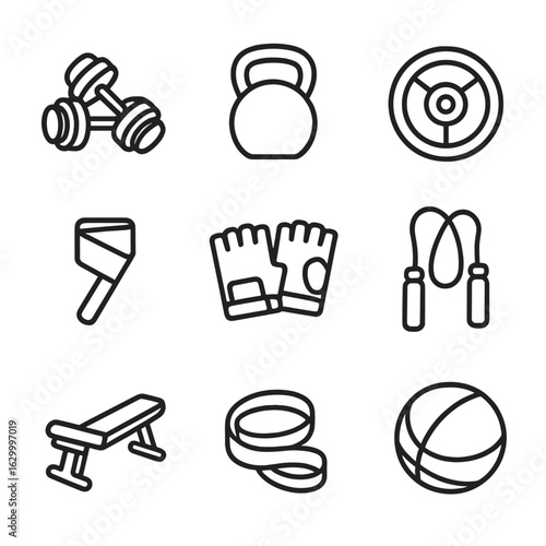 Gym Equipment Icons. Outline icon set of gym equipment close-ups: dumbbell pair, kettlebell, barbell plate, wrist wrap, lifting