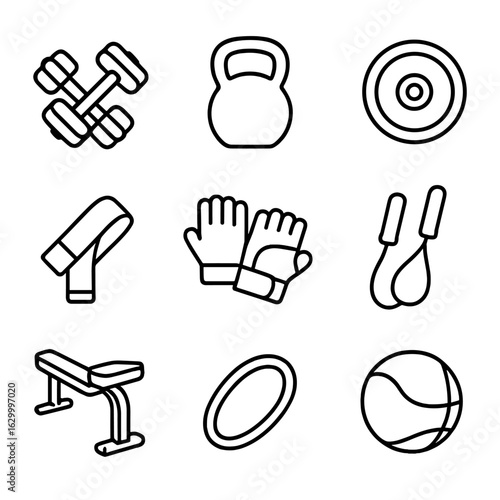 Gym Equipment Icons. Outline icon set of gym equipment close-ups: dumbbell pair, kettlebell, barbell plate, wrist wrap, lifting