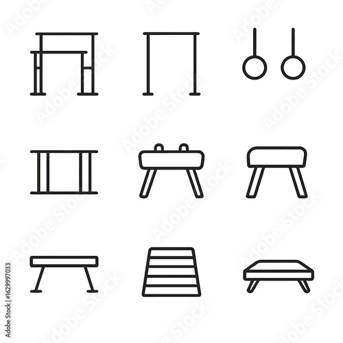 Gymnastics Equipment Icons. Outline icon set of gymnastics apparatus: uneven bars, high bar, parallel bars, pommel horse, rings,