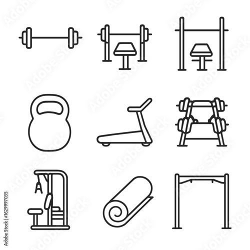Gym Equipment Icons. Outline icon set of gym equipment demonstration: barbell with plates, bench press station, squat rack,