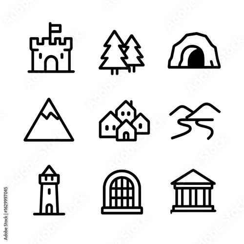 Quest Location Icons. Outline icon set of quest locations: castle, forest, cave, mountain, village, river, tower, dungeon, temple.