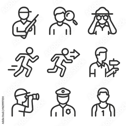 Pursuit Role Icons. Outline icon set of pursuit roles: hunter, tracker, scout, runner, chaser, guide, lookout, officer, competitor